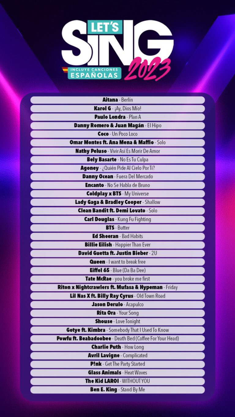 Practica para karaoke con la lista completa de canciones de Let’s Sing 2023, con varias en español